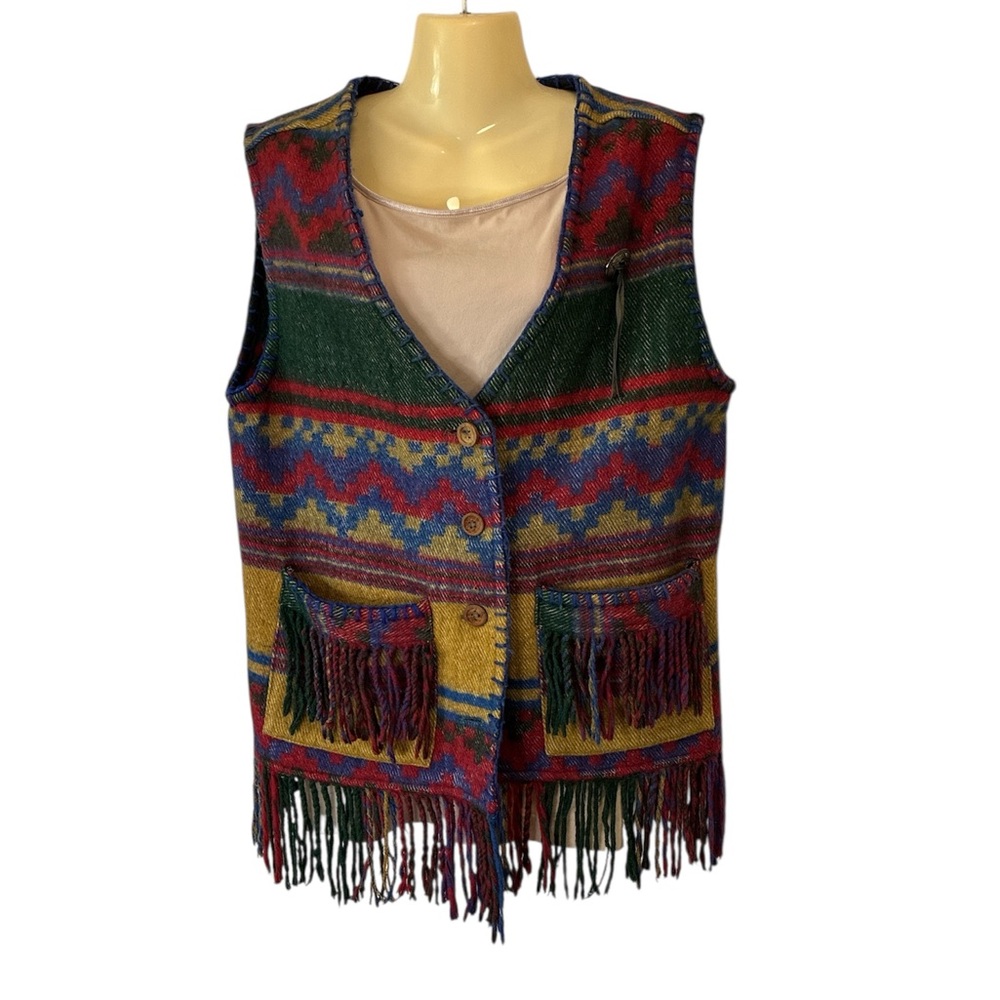 Jou Jou Fringe Wool Blend Vest Western Vintage Retro Multicolored Large